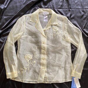 Vintage 1990s Butter Yellow Sheer Organza Rose Embroidered Buttondown 8